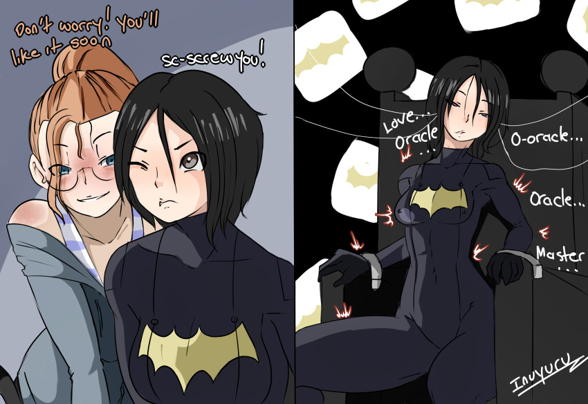 absurdres barbara_gordon batgirl batman_(series) before_and_after black_hair bodysuit cassandra_cain dc_comics evil_smile femdom femsub glasses inuyuru red_hair resisting smile super_hero tech_control text western yuri