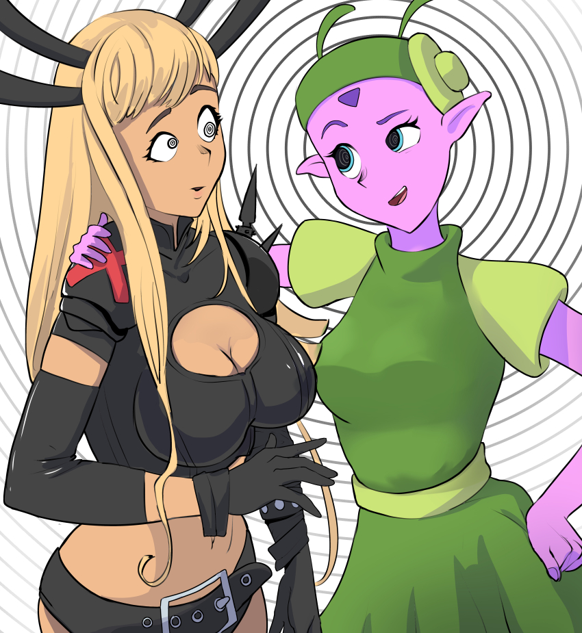 blonde_hair breasts charm_(spell) cleavage cleavage_cutout clothed crossover disney elf_ears female_only femdom femsub glatu gloves hand_on_hip hypnotic_eyes large_breasts lloyd_in_space long_hair magik marvel_comics midriff navel pink_skin sirenia_(lloyd_in_space) spiral spiral_background spiralwash_eyes x-men