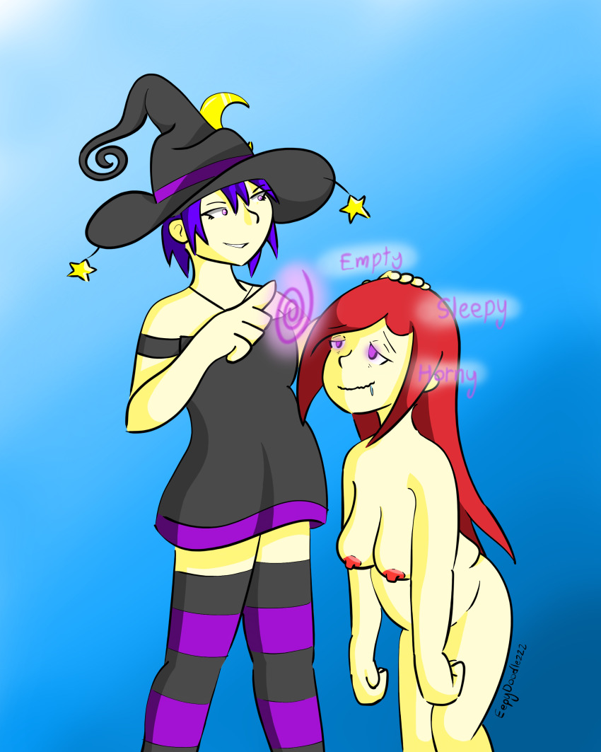 blue_hair chubby dress drool eepydoodlezzz femdom femsub glowing_eyes happy_trance heavy_eyelids hypnotic_fingers large_breasts magic naughty_smile nipples nude original purple_eyes red_hair sleepy spiral text tights witch witch_hat