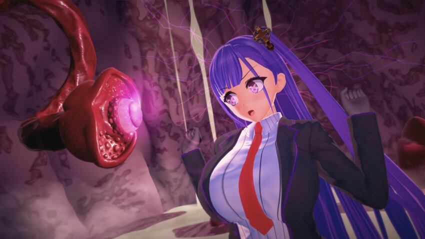 3d angry before_and_after blush electricity gloves hair_ornament huge_breasts hypnotic_eyes hypnotic_tentacle kara_kikai koikatsu! long_hair open_mouth purple_eyes purple_hair side_ponytail symbol_in_eyes tentacles tie very_long_hair