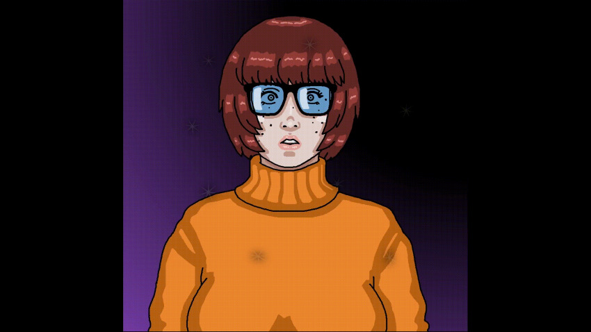 animated animated_gif freckles ghost_clown glasses gradient_background happy_trance mspainter open_mouth red_hair scooby-doo_(series) short_hair smile sweater velma_dinkley