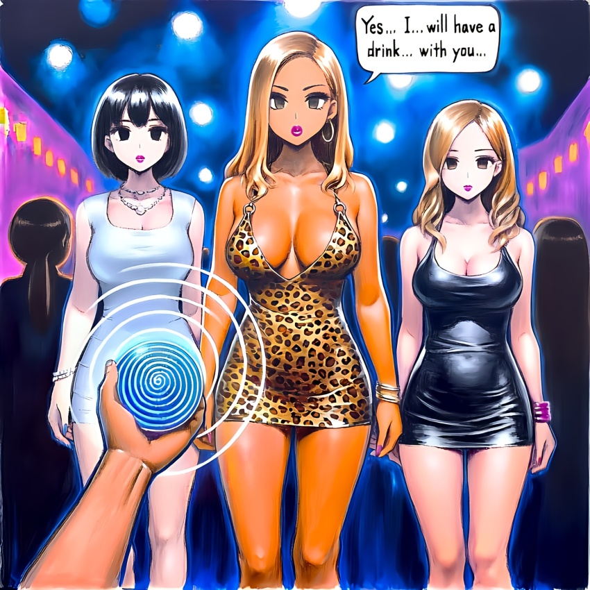 ai_art black_hair blonde_hair bracelet brown_hair earrings empty_eyes english_text expressionless eyeshadow femsub hellsing002_(generator) hypnotic_accessory jewelry leopard_print lipstick long_hair makeup maledom miniskirt multiple_girls multiple_subs nail_polish speech_bubble spiral tan_skin tech_control