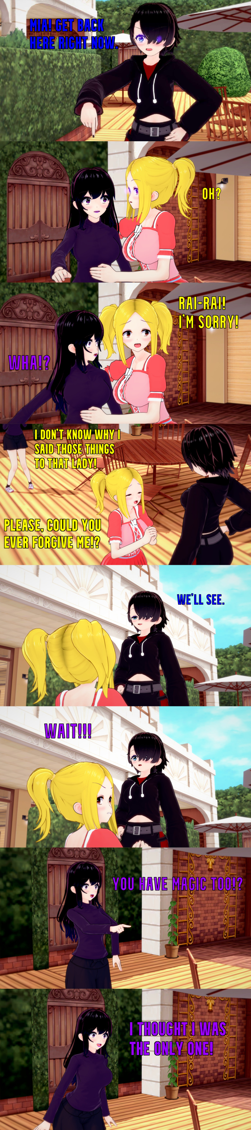 absurdres angry black_hair blonde_hair blue_eyes brown_eyes clothed dialogue english_text female_only femdom femsub hair_covering_one_eye kurai_(witch) long_hair mad_jacks mia_(witch) multiple_doms multiple_girls ophelia's_dollhouse ophelia_(ophelia's_dollhouse) purple_eyes short_hair text witch_(mad_jacks)