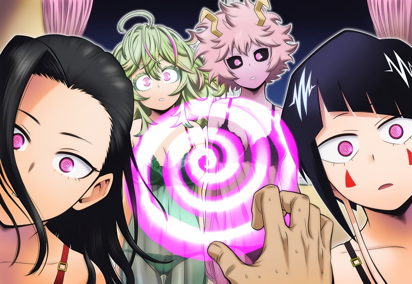 ai_art black_hair black_sclera bra expressionless facial_markings femsub green_hair hellsing002_(generator) horns kyoka_jiro lingerie maledom mina_ashido momo_yaoyorozu multiple_girls multiple_subs my_hero_academia panties pink_eyes pink_hair pink_skin spiral spiral_eyes toru_hagakure