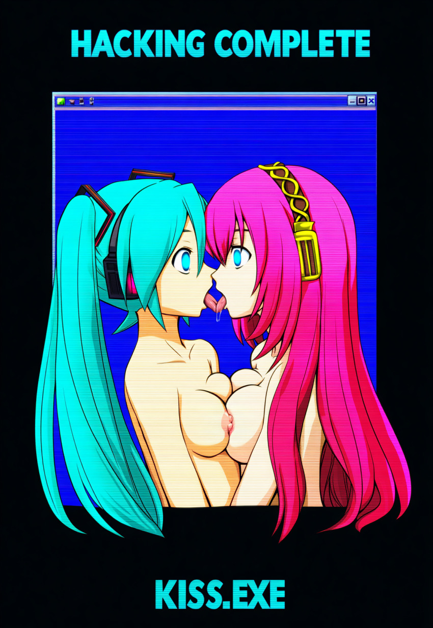 ai_art bottomless computer empty_eyes english_text expressionless femsub glowing glowing_eyes green_hair hacking headphones hellsing002_(generator) kissing long_hair luka_megurine miku_hatsune monitor nipples nude pink_hair sub_on_sub tech_control text tongue tongue_out topless twintails vocaloid