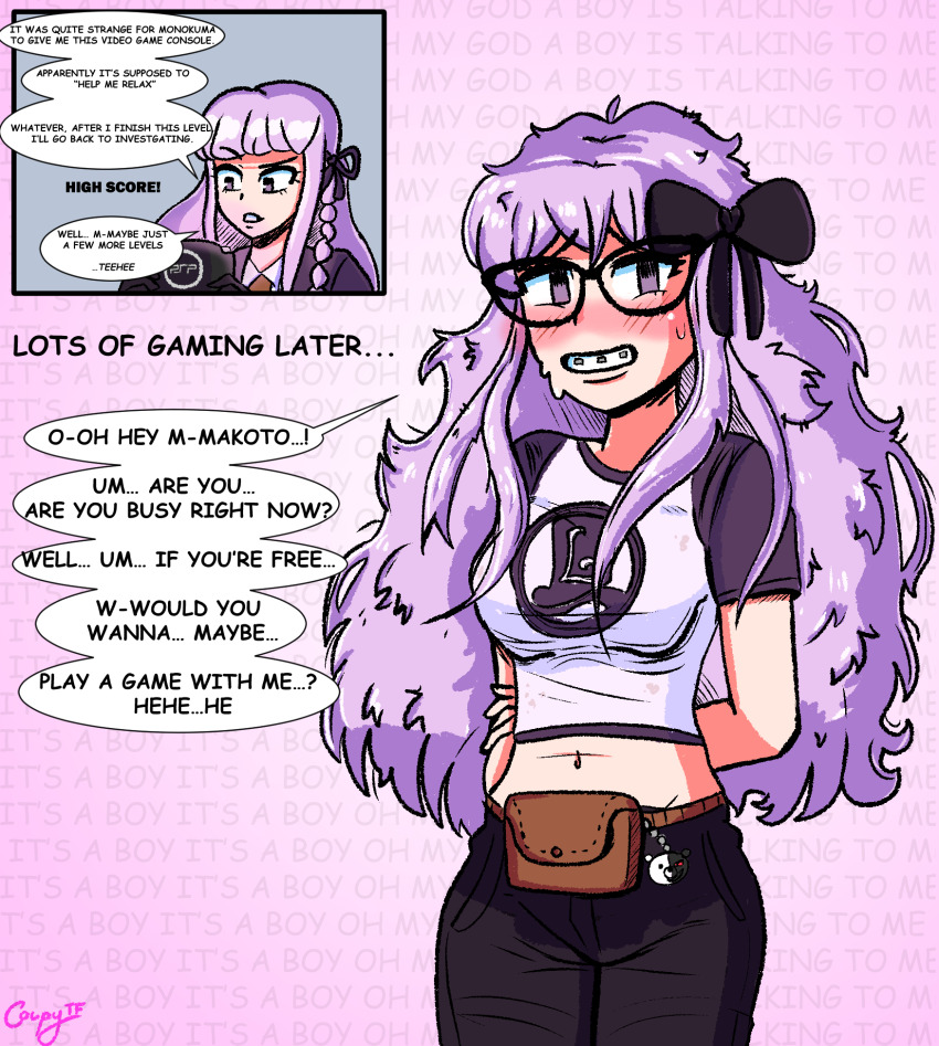 before_and_after braces coupytf dangan_ronpa dialogue english_text femsub glasses hair_ornament hair_ribbon kyoko_kirigiri midriff navel nerd nerdification purple_eyes purple_hair signature speech_bubble t-shirt text