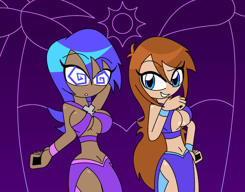 ahoge alternate_costume aqua_(kingdom_hearts) arms_above_head blue_eyes blue_hair bracelet brown_hair dancer dancing dark_skin disney eyebrows_visible_through_hair eyelashes femdom femsub hand_on_hip harem_outfit hourglass_figure hypnoscream kingdom_hearts kingdom_hearts_birth_by_sleep large_breasts long_hair midriff milf navel no_panties original purple_background setchia_xine_(hypnoscream) shiny_hair shiny_skin side_slits sideboob smile smug surprised thick_thighs underboob wide_hips