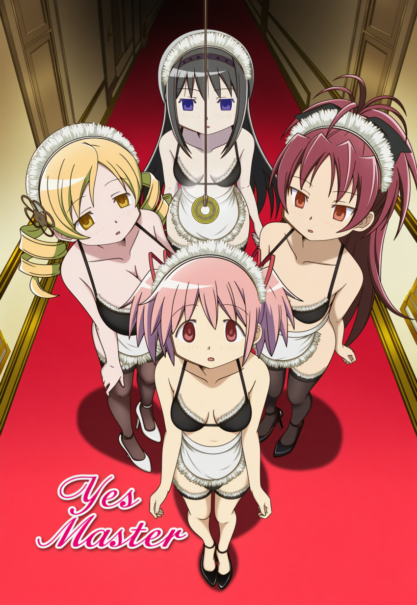 ai_art black_hair blonde_hair empty_eyes english_text expressionless femsub hair_ornament hellsing002_(generator) high_heels homura_akemi kyouko_sakura large_breasts leggings lingerie long_hair madoka_kaname maid maid_headdress mami_tomoe pendulum pink_hair puella_magi_madoka_magica red_hair ribbon standing_at_attention