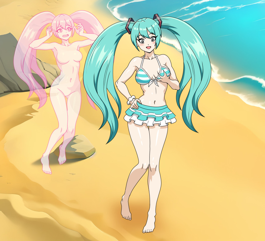 alternate_color_scheme alternate_costume alternate_form alternate_hair_color bare_legs bare_shoulders barefoot beach bikini bikini_bottom bikini_top blush breast_fondling breast_grab character_request cleavage femsub floating ghost ginyu1992 hand_on_hip happy_trance holding_breasts legs long_hair maledom midriff miku_hatsune navel original outdoors pink_eyes pink_hair possession smile swimsuit twintails vocaloid