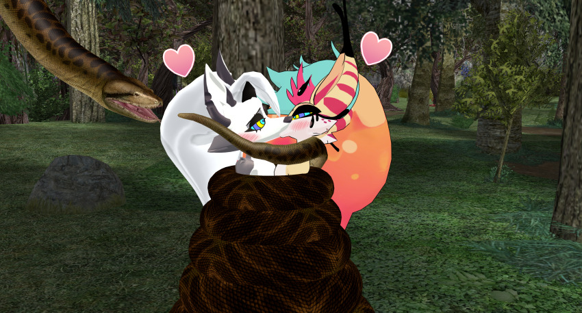 3d a-new-recipeh bare_shoulders beelzebub_(helluva_boss) black_eyes blue_hair blush coils crossover demon_girl disney femsub furry heart helluva_boss kaa kaa_eyes kissing loona_(helluva_boss) maledom multicolored_hair open_mouth outdoors plant red_hair restrained slit_pupils snake sub_on_sub symbol the_jungle_book trees very_long_hair white_hair wolf_girl yellow_sclera