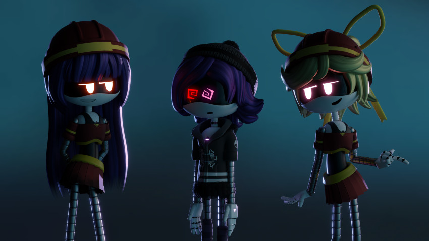 3d arms_behind_back bare_shoulders beanie blender blonde_hair bow choker doll_(murder_drones) expressionless female_only femdom femsub goth hair_ribbon helmet heterochromia hoodie hypnotic-ink lizzy_(murder_drones) multiple_doms murder_drones open_mouth pink_eyes purple_eyes purple_hair red_eyes robot robot_girl short_hair skirt smirk smug spiral_eyes standing_at_attention straight-cut_bangs tank_top uzi_doorman