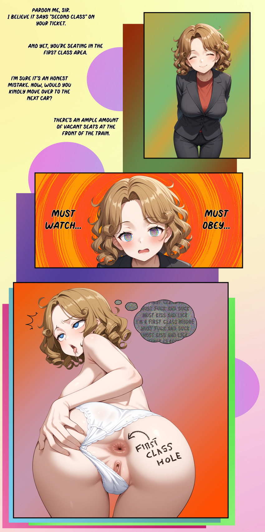 absurdres ai_art anus ass before_and_after blue_eyes blush body_writing brown_hair closed_eyes confused drool femsub from_behind fungip_(generator) large_breasts looking_at_viewer manip mantra open_mouth panties pov pussy smile spiral_background spiral_eyes suit text thought_bubble tongue_out topless