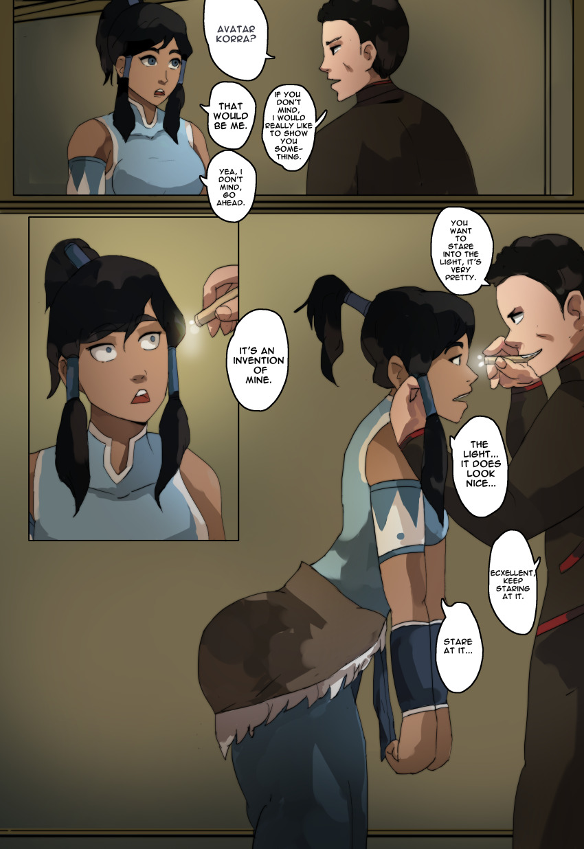 avatar_the_last_airbender black_hair blue_eyes comic femdom femsub hypnotic_light korra legend_of_korra maledom onefeefoor ponytail tech_control text