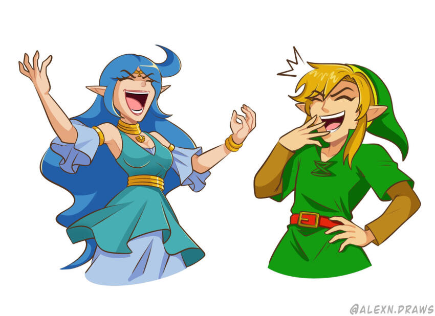 ahoge alexndraws bad_end bare_shoulders blonde_hair blue_hair breasts choker cleavage closed_eyes clothed corruption dress elf_ears femdom femsub ganondorf hand_on_hip hat laughing link long_hair maledom malesub nayru nintendo oracle_of_ages possession simple_background smile the_legend_of_zelda veran very_long_hair white_background