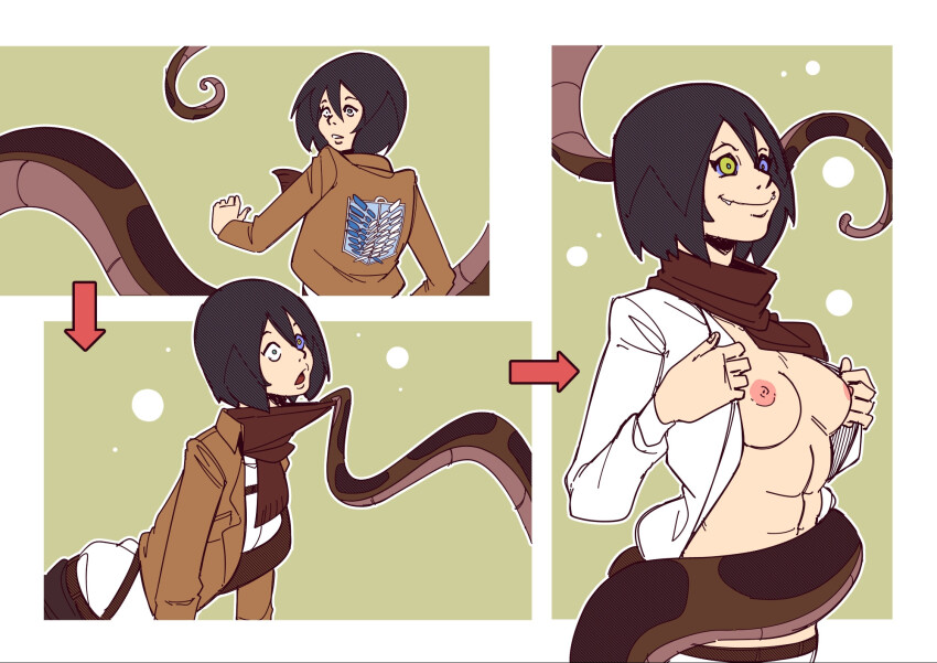 abs attack_on_titan belt black_hair breasts collarbone dazed disney drool efalabrino emblem femsub happy_trance jacket kaa kaa_eyes leaning_forward mikasa_ackerman nipples no_bra open_clothes open_mouth open_shirt pants scarf sequence short_hair smile snake standing t-shirt the_jungle_book undressing