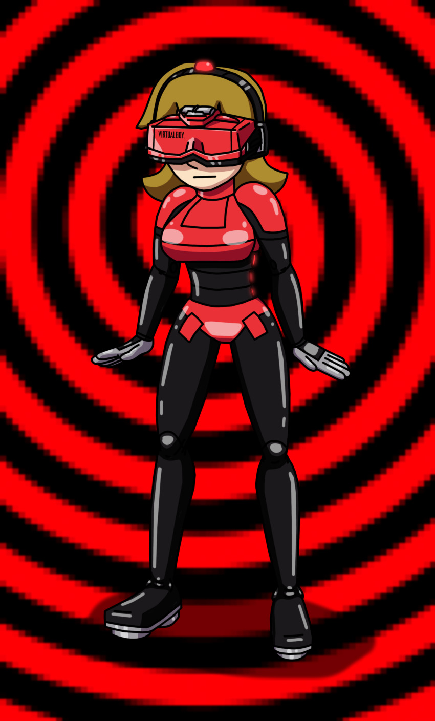 5-volt brown_hair drone dronification expressionless fembot headphones latex nintendo robotic_trance robotization simple_background spiral_background suit supertechno324 tech_control virtual_reality warioware