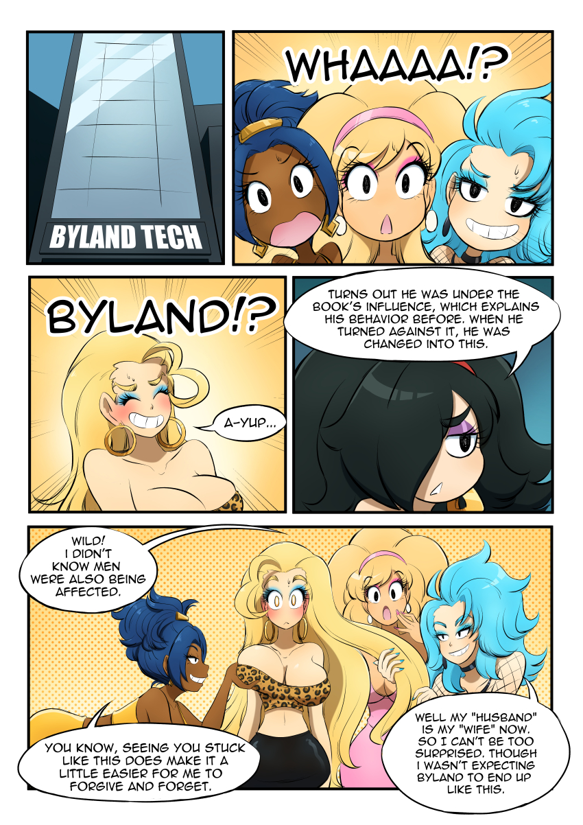 black_hair blonde_hair blue_hair comic dress female_only kobi94 large_breasts leopard_print long_hair midriff original short_skirt text transgender tube_top