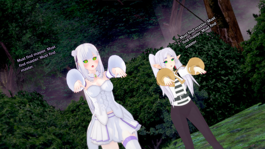 3d bangs belt clothed crossover dialogue dress elf elf_ears emilia_(re:zero) english_text female_only femsub forest frieren frieren:_beyond_journey's_end hair_ornament hair_ribbon hypnovember kaa_eyes long_hair mantra multiple_girls multiple_subs outdoors pants re:zero_starting_life_in_another_world skirt sonrio12 spiral_eyes text thighhighs trees twintails white_hair zombie_walk
