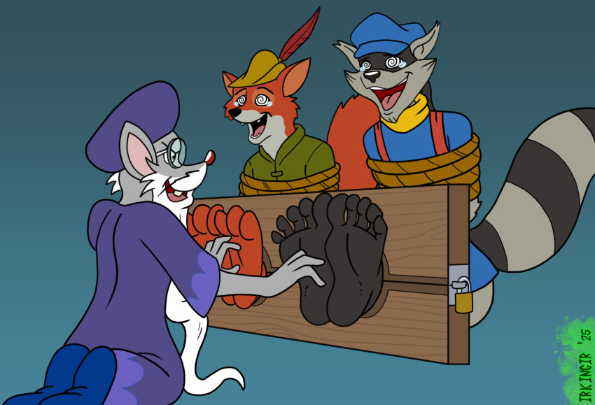 barefoot beard bondage cap feet foot_focus fox_boy furry glasses hat irkingir laughing male_only maledom malesub raccoon_boy rat_boy robin_hood robin_hood_(disney) rope sly_cooper sly_cooper_(series) spiralwash_eyes tears tickling