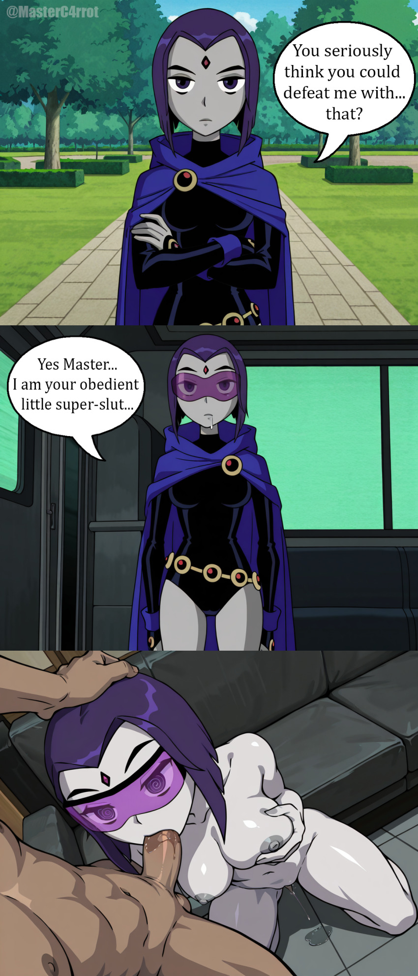 ai_art comic dc_comics english_text femsub groping hand_on_head masterc4rrot_(generator) nude oral penis raven spiral_eyes tech_control teen_titans text visor