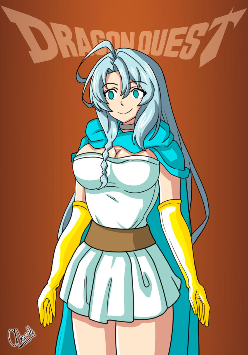 ahoge alerith alternate_costume blue_eyes blue_hair breasts cape cleavage cosplay crossover dragon_quest_(series) dragon_quest_iii empty_eyes english_text female_only femsub gloves happy_trance large_breasts orange_background sentouin_hakenshimasu smile snow_(sentouin_hakenshimasu) solo square_enix text very_long_hair