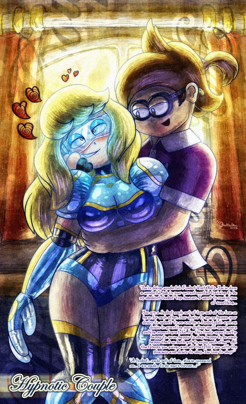 ameerashourdraws bedroom blonde_hair boots consensual drone dronification fembot femsub gloves happy_trance holly_(ameerashour) latex leotard maledom mantra original tech_control text thigh_boots visor wholesome yellow_eyes