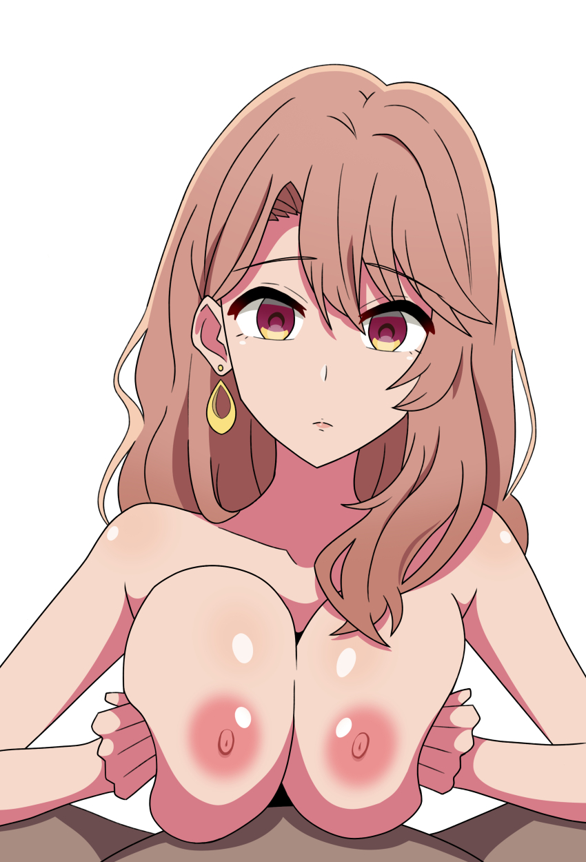 absurdres breasts brown_eyes brown_hair censored collarbone convenient_censoring deepwater earrings empty_eyes expressionless eyebrows_visible_through_hair femsub holding_breasts jewelry large_breasts long_hair male_pov maledom miyako_saitou nipples oshi_no_ko paizuri pov pov_dom simple_background spread_legs white_background