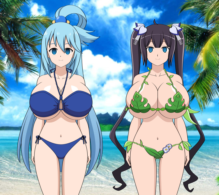 absurdres aqua_(konosuba) beach bikini black_hair blue_eyes blue_hair cleavage empty_eyes female_only femsub goddess hair_ornament happy_trance hestia huge_breasts is_it_wrong_to_try_to_pick_up_girls_in_a_dungeon? jimryu kono_subarashii_sekai_ni_shukufuku_wo! multiple_girls multiple_subs navel smile standing standing_at_attention twintails very_long_hair