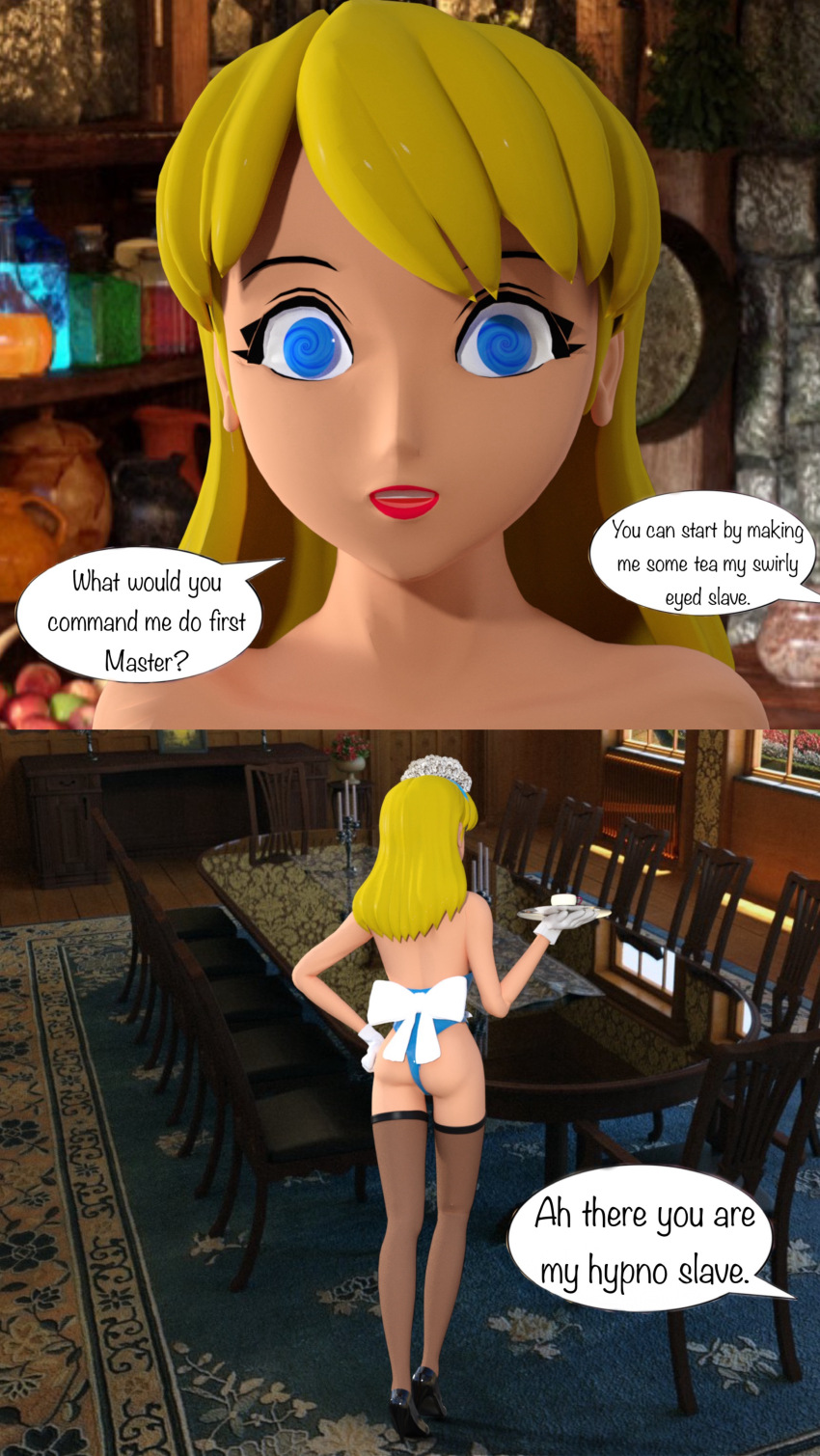 3d absurdres alice alice_in_wonderland altered_common_sense ass aware blonde_hair blue_eyes bottomless bow cleavage clothed collar disney english_text female_only femsub fishnets gloves high_heels hypno-tato hypnotic_eyes indifferent latex legs leotard lipstick long_hair looking_at_viewer maid maid_headdress open_clothes open_mouth pov pov_dom red_lipstick ribbon rubber solo spiral_eyes standing symbol_in_eyes tagme text thighhighs uniform