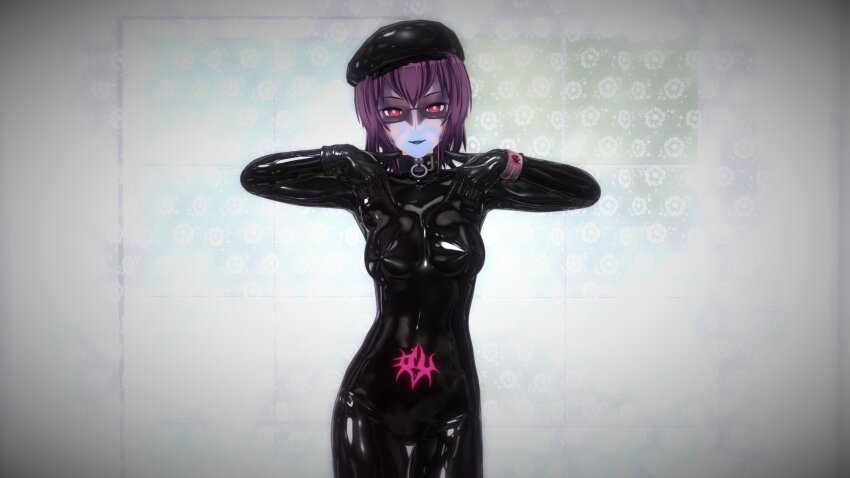 3d bangs black_lipstick blue_skin bodysuit breasts brown_eyes collar crotch_tattoo cuffs custom_maid_3d_2 double_v face_paint female_only femsub glasses gloves glowing_eyes hat latex li_q lipstick looking_at_viewer multicolored_eyes original pink_eyes posing purple_hair rubber short_hair simple_background solo tight_clothing v white_background