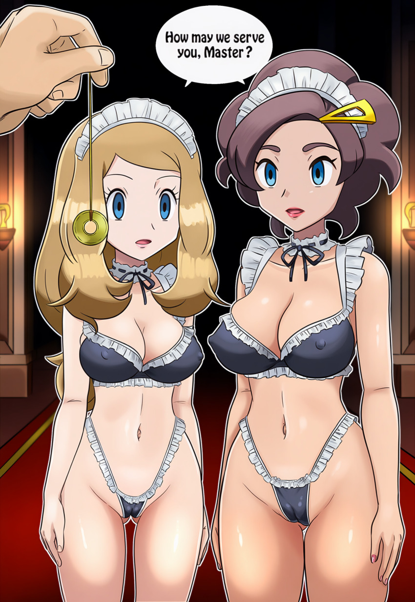 ai_art blue_eyes breasts brown_hair cameltoe choker cleavage collarbone empty_eyes english_text expressionless femsub grace_(pokemon) hair_ornament hellsing002_(generator) lingerie lipstick long_hair maid maid_headdress maledom midriff milf mother_and_daughter navel nintendo panties pendulum pokemon pov serena speech_bubble standing standing_at_attention text