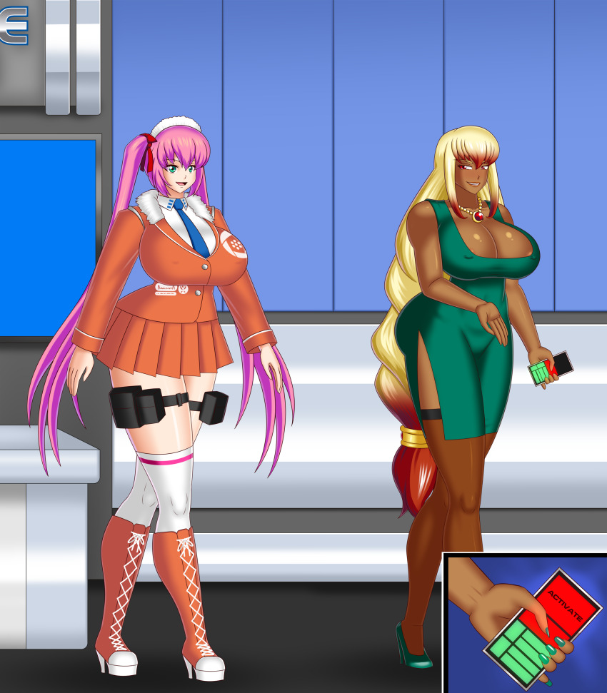 bluebullpen boots braid dark_skin dress femdom femsub green_eyes hair_ribbon high_heels huge_breasts jewelry long_hair multicolored_hair necklace original pink_hair rebecca_lys_(daveyboysmith9) red_eyes remote_control sayori_sione_(saymet) short_skirt smile story tech_control thighhighs tie tied_hair twintails uniform