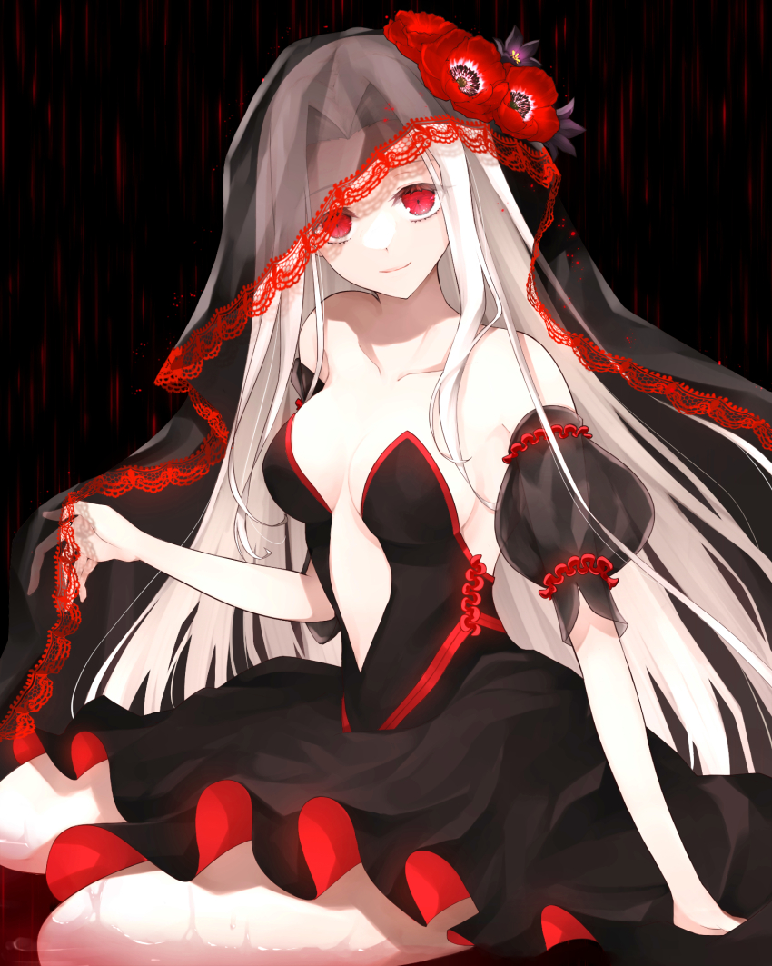 alternate_costume angra_mainyu bare_legs bare_shoulders breasts cleavage corruption dress evil_smile fate/grand_order fate/zero fate_(series) femsub flower flower_in_hair happy_trance hazuki-a irisviel_von_einzbern kneeling legs long_hair looking_at_viewer midriff possession red_eyes sitting smile thighs veil white_hair