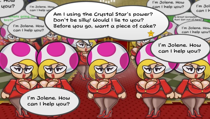 black_eyes blonde_hair breasts cleavage dialogue doodlewill english_text female_only femsub glasses high_heels jolene_(paper_mario) lipstick multiple_girls multiple_subs nintendo paper_mario paper_mario:_the_thousand_year_door super_mario_bros. tagme text twinning