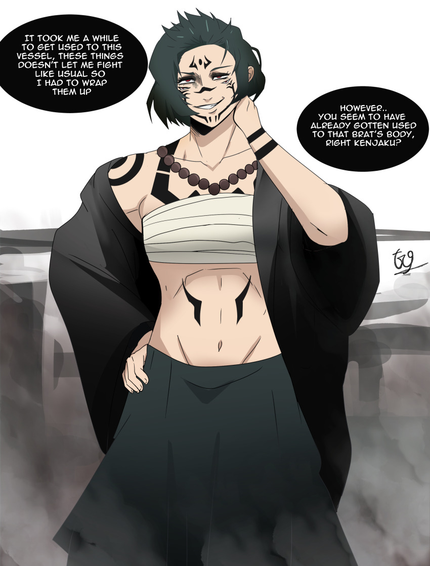 bandage body_markings clothed dialogue english_text evil_smile facial_markings female_only femsub green_hair jujutsu_kaisen mai_zenin maledom possession ryomen_sukuna short_hair smile solo text traner9