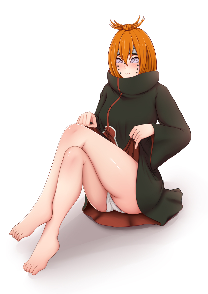 ajisai alternate_costume alternate_hair_color animal_path ass bare_legs barefoot blush crossed_legs embarrassed femsub legs looking_at_viewer maledom nagato_(naruto) naruto_(series) orange_hair pain_(naruto) panties piercing possession purple_eyes rinnegan seisen short_hair simple_background skirt_lift symbol_in_eyes thighs