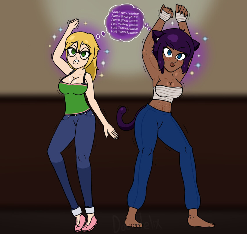 abs barefoot blonde_hair breasts cat_ears cat_girl cat_nap_(hypnolordx) cat_tail cleavage clothed dark_skin dazed doc-helix empty_eyes female_only femsub glasses large_breasts long_hair muscle_girl original purple_hair short_hair sparkle statue text thought_bubble tomoe_(doc-helix)