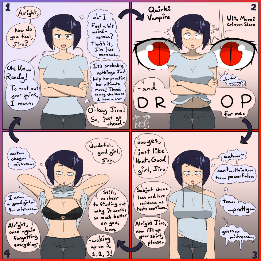 absurdres amnesia black_hair blush border bra breasts cleavage comic consensual dialogue drool expressionless eyebrows_visible_through_hair eyelashes female_only female_pov femdom femsub good_sub_conditioning gradient_background grey_eyes heavy_eyelids hypnotic_eyes instant_loss jeans kyoka_jiro love memory_alteration midriff my_hero_academia navel open_mouth pov_dom red_eyes shirt shirt_lift short_hair signature slit_pupils sobergin solo speech_bubble spiral_eyes surprised sweat text thought_bubble vampire