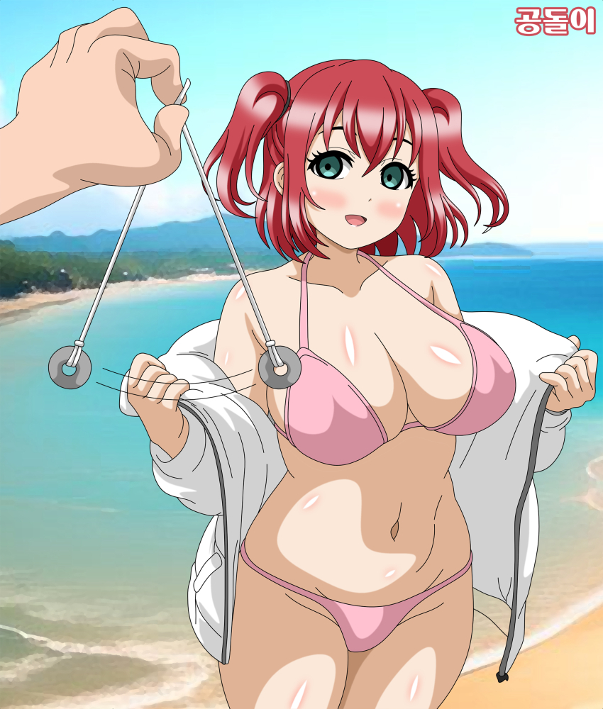 absurdres beach bikini blush breasts coin empty_eyes femsub gondol-i green_eyes happy_trance jacket large_breasts love_live! love_live!_sunshine!! midriff navel open_mouth pendulum red_hair ruby_kurosawa signature smile swimsuit tagme twintails undressing