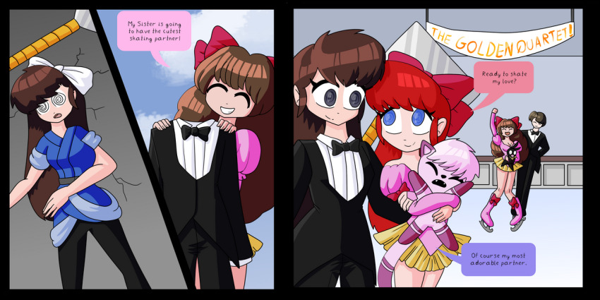 azusa_shiratori bangs bare_legs black_eyes blue_eyes bow bow_tie brown_hair cat closed_eyes comic dialogue female_only femdom feminization femsub happy_trance heart_eyes long_hair miniskirt playererror404 ranma_1/2 ranma_saotome_(female) red_hair ribbon sequence sexuality_change shampoo_(ranma_1/2) speech_bubble spiral_eyes suit text ukyo_kuonji very_long_hair yuri