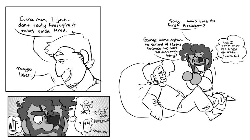 arm_hair beard chibi comic dark_skin demoman_(team_fortress_2) dialogue english_text greyscale happy_trance lying male_only malesub monochrome multiple_subs mx_driftdrop sleepy smile soldier_(team_fortress_2) speech_bubble standing team_fortress_2 text thought_bubble white_background