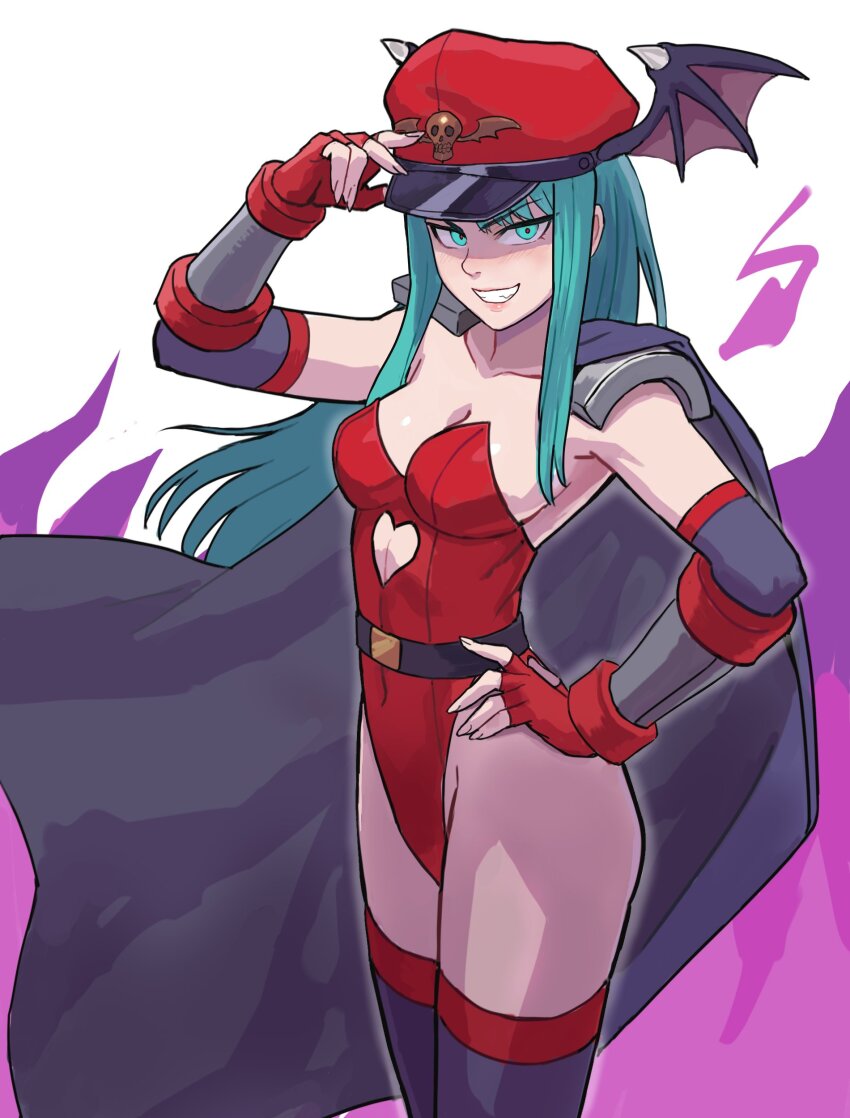 alternate_costume aura blue_eyes breasts capcom cape cleavage corruption cosplay crossover darkstalkers demon demon_girl evil_smile femsub gloves glowing glowing_eyes green_hair hand_on_hip hat heart hollow_watcher legs leotard long_hair looking_at_viewer m._bison maledom morrigan_aensland opera_gloves possession red_eyes smile street_fighter succubus thighhighs thighs wings