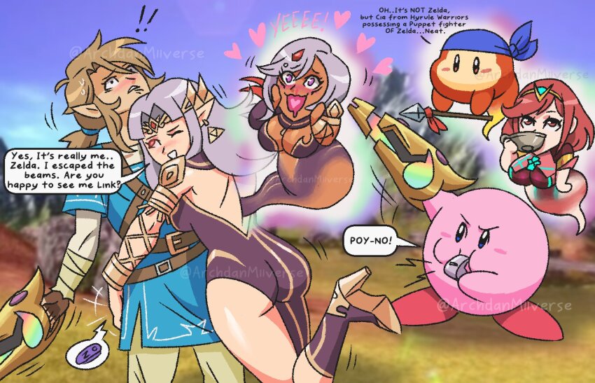 alternate_costume alternate_hair_color archdanmiiverse ass aura bandana bandana_waddle_dee bare_legs bare_shoulders black_eyes blonde_hair blue_eyes blush breasts breath_of_the_wild brown_eyes cia corruption cosplay crossover dark_skin dialogue drinking drool earrings elf_ears embarrassed english_text femdom femsub fingerless_gloves ghost gloves glowing gun happy_trance heart high_heels hug hyrule_warriors kirby kirby_(series) legs legs_up link long_hair nintendo one_eye_open outdoors ponytail possession princess_zelda purple_eyes purple_hair pyra_(xenoblade) red_eyes red_hair short_hair smile spear speech_bubble standing super_smash_bros. sweat text the_legend_of_zelda whistle wink xenoblade_chronicles xenoblade_chronicles_2