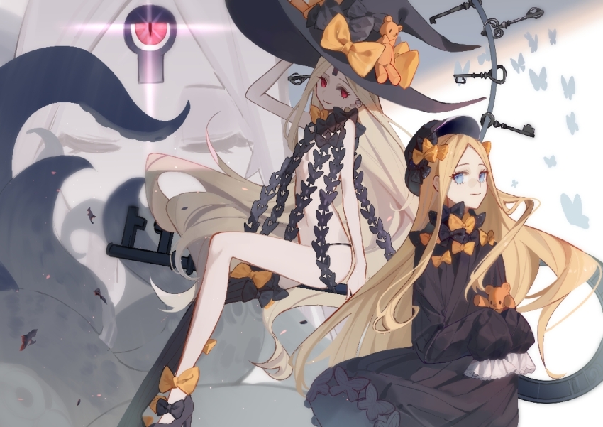 abigail_williams alternate_costume bare_legs before_and_after black_and_white_(artist) blonde_hair blue_eyes butterfly closed_eyes clothed corruption eldritch eye_color_change fate/grand_order fate_(series) femsub floating glowing_eyes hair_color_change hat legs looking_at_viewer looking_back possession red_eyes right_to_left shoes sitting slit_pupils smile stuffed_animal tentacles thighs third_eye very_long_hair white_hair witch_hat yog-sothoth