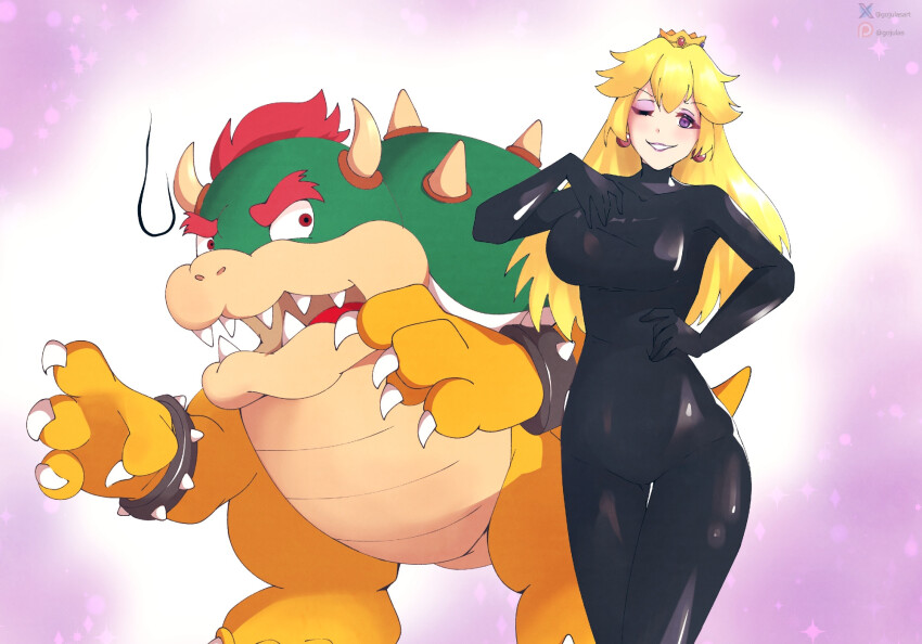 blonde_hair bodysuit bowser bracelet corruption crown earrings eyeshadow femsub gojulas hand_on_hip horns hypnovember large_breasts latex lipstick long_hair long_nails looking_at_viewer makeup nintendo one_eye_open posing princess_peach purple_eyes red_hair short_hair super_mario_bros. tail thigh_gap tight_clothing wink