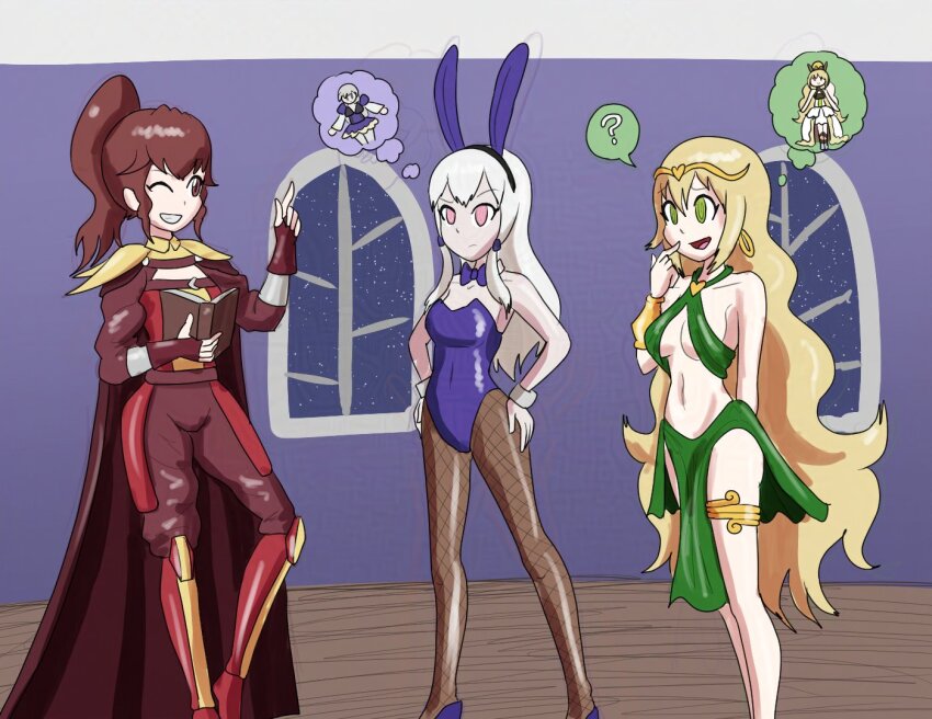 anna_(fire_emblem) blonde_hair bunny_ears bunny_girl bunnysuit celine_(fire_emblem) dancing fire_emblem_awakening fire_emblem_engage fire_emblem_three_houses lysithea_von_ordelia red_hair tagme unaware white_hair