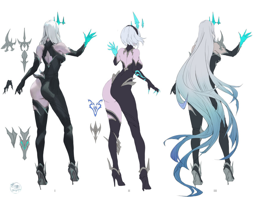 alternate_color_scheme alternate_costume alternate_form alternate_hairstyle arm_warmers ass aura bare_shoulders control_indicator corruption crossover crown femsub floating from_behind high_heels league_of_legends long_hair maledom nier_automata pale_skin possession reference_sheet ruination shixiang_zhao short_hair square_enix standing thighhighs thighs very_long_hair viego_(league_of_legends) white_background white_hair yorha_type_a_no._2