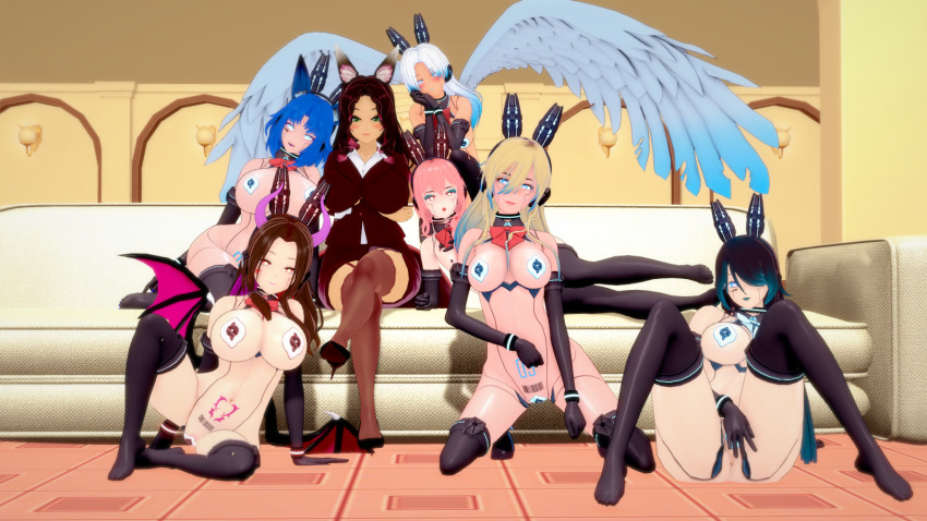 3d barcode black_hair blake_(blakiee) blonde_hair blue_eyes blue_hair blue_lipstick blush body_writing breasts brown_hair bunny_boy bunny_ears bunny_girl bunnybots_(milena) cat_boy clothed_exposure collar couch crotch_tattoo cuffs demon demon_girl dog_girl dress eyeshadow femboy femdom femsub fox_ears fox_girl gloves green_eyes happy_trance high_heels horns jamie_(blakiee) kitsune_girl kneeling koikatsu! lipstick liz_(blakiee) lying malesub masturbation milena milena_(milena) multiple_girls multiple_subs navel opera_gloves pasties pink_hair posing ribbon robot robot_boy robot_girl robotization sitting succubus tech_control thighhighs wings
