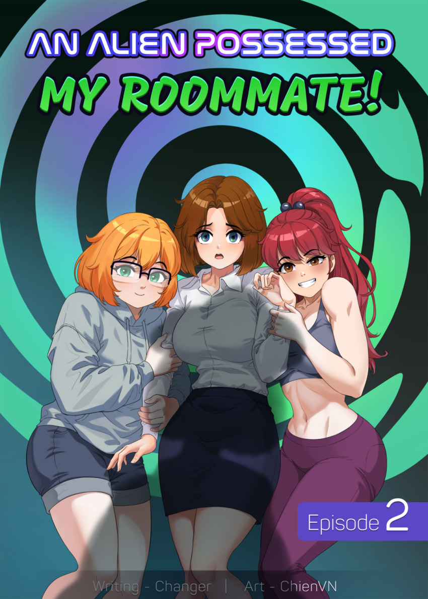 brown_eyes brown_hair chien_vietnam female_only glasses green_eyes multiple_girls orange_hair original red_hair tagme