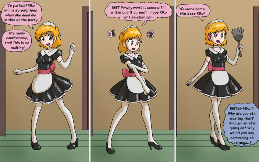 accidental_hypnosis before_and_after blonde_hair brain_injection clothed dialogue english_text feather_duster female_only female_pov femsub gloves happy_trance headphones high_heels hypnotic_accessory latex leggings mahou_tsukai_precure maid maid_headdress mirai_asahina mythkaz precure purple_eyes riko_izayoi spiral_eyes tech_control text uniform